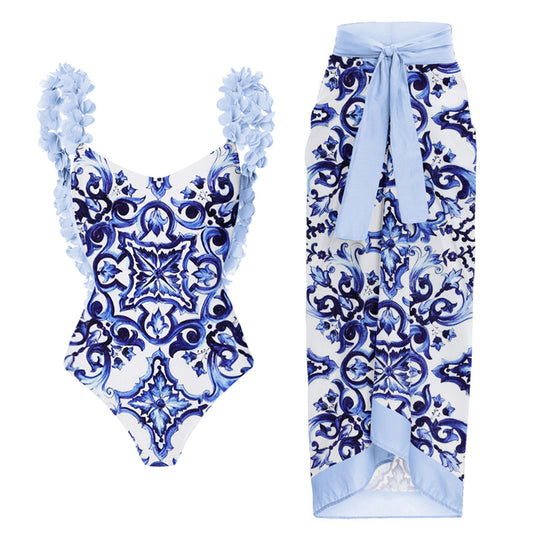 Damen eleganter Badeanzug mit Rüschendetails und passendem Maxirock R&B