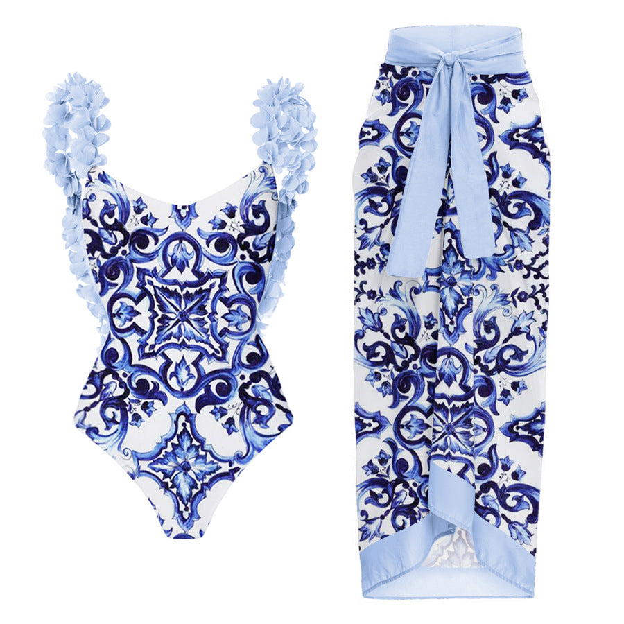 Damen Eleganter Badeanzug mit Rüschendetails und passendem Wickelrock R&B