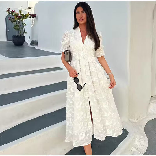 Damen Maxikleid mit floralem Bestickungsdesign und eleganten Puffärmeln R&B