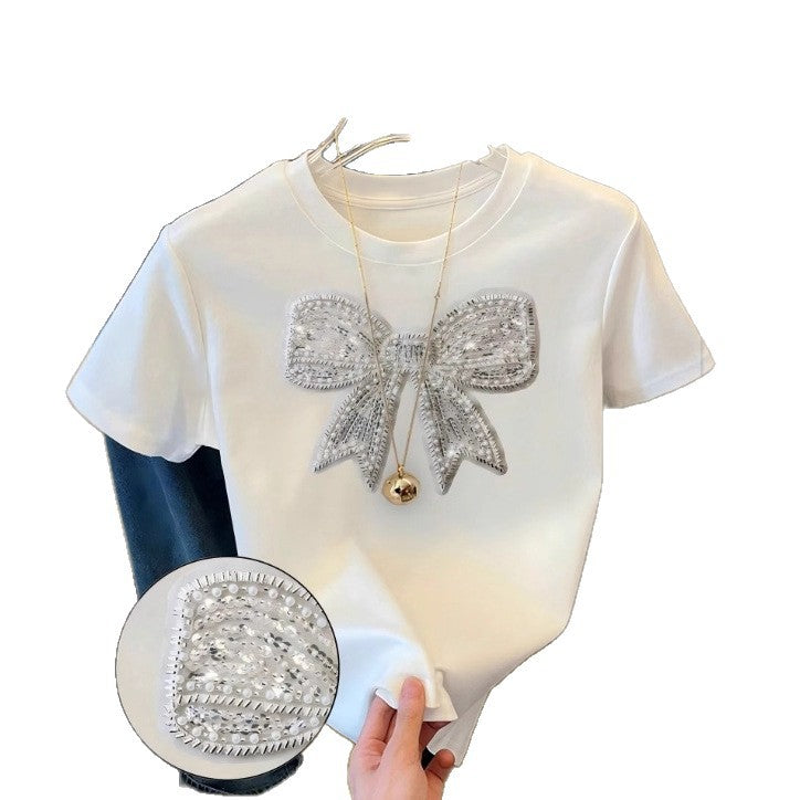 Damen T-Shirt mit glitzerndem Schleifenmotiv und feiner Sticktechnik R&B