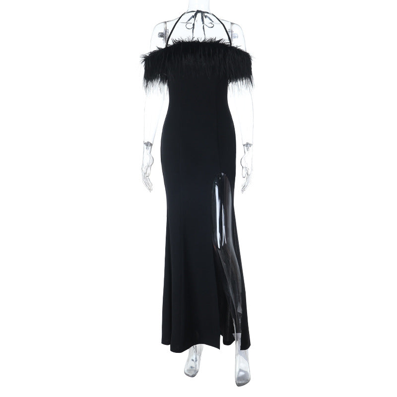Damen Elegantes Maxikleid mit federgeschmücktem Oberteil und seitlichem Schlitz R&B