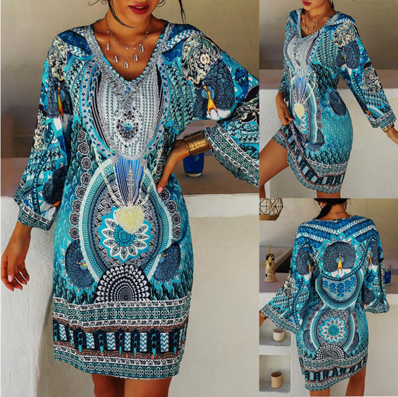 Damen Strandkleid mit modernem Mandala-Design und voluminösen Ärmeln Heidi-Mode