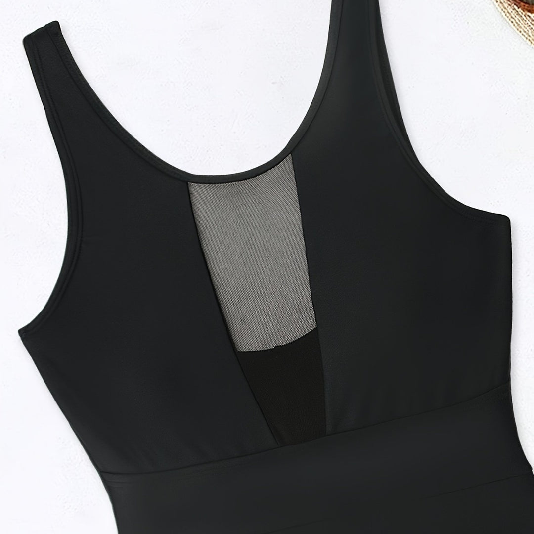 Damen Sportlicher Einteiler mit tiefem V-Ausschnitt und transparenten Mesh-Details R&B