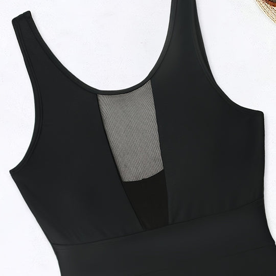 Damen Sportlicher Einteiler mit tiefem V-Ausschnitt und transparenten Mesh-Details R&B