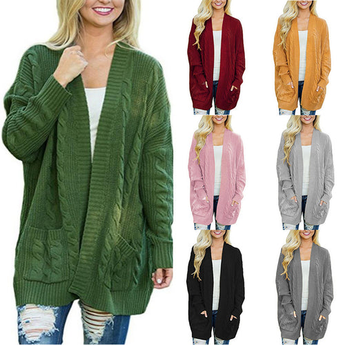 Damen lässige Strickjacke mit Kabelmuster und großzügigen Taschen R&B