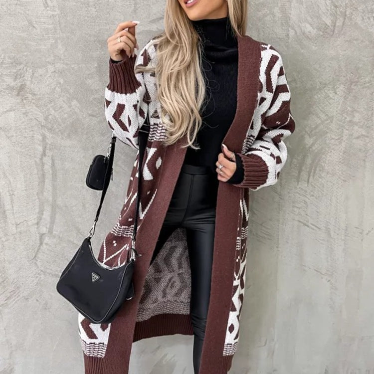 Damen Grobstrick-Cardigan mit grafischem Muster und offenem Schnitt R&B