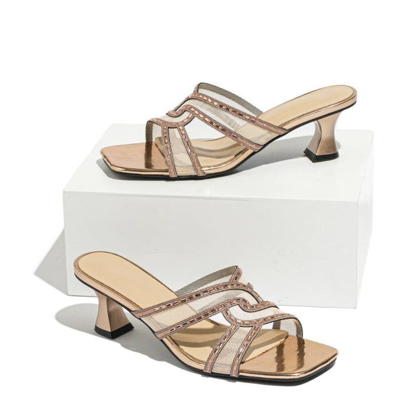 Damen elegante High Heel Mules mit glitzernden Riemen und komfortablem Absatz R&B