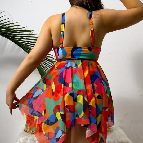 Damen vielseitiges Strandkleid mit modischem Schnitt und buntem Muster R&B