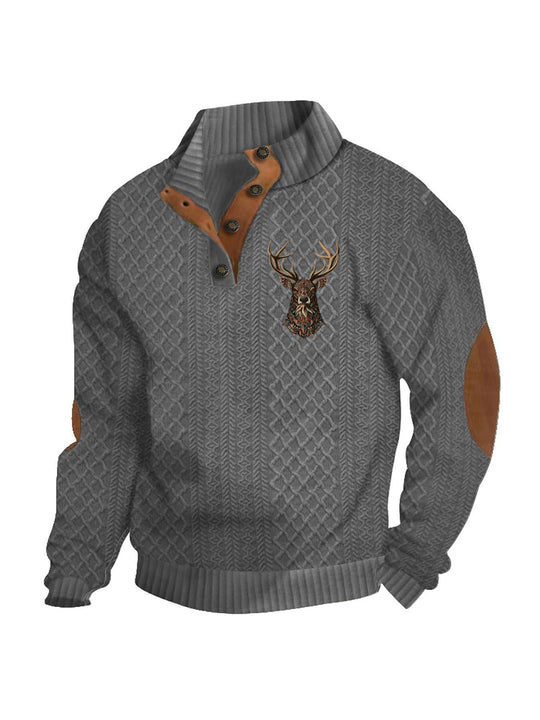 Herren nan Heritage-Strukturpullover mit Stehkragen Lederimitat-Besatz Ellenbogen-Patches und Halbknopfleiste R&B