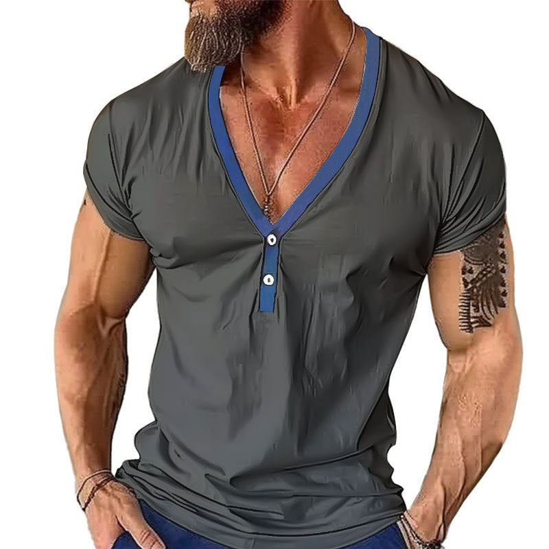 Herren Kurzarmshirt mit modernem V-Ausschnitt und Knopfleiste R&B