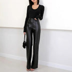 Damen Elegante High-Waist Kunstleder-Hose mit weitem Bein R&B