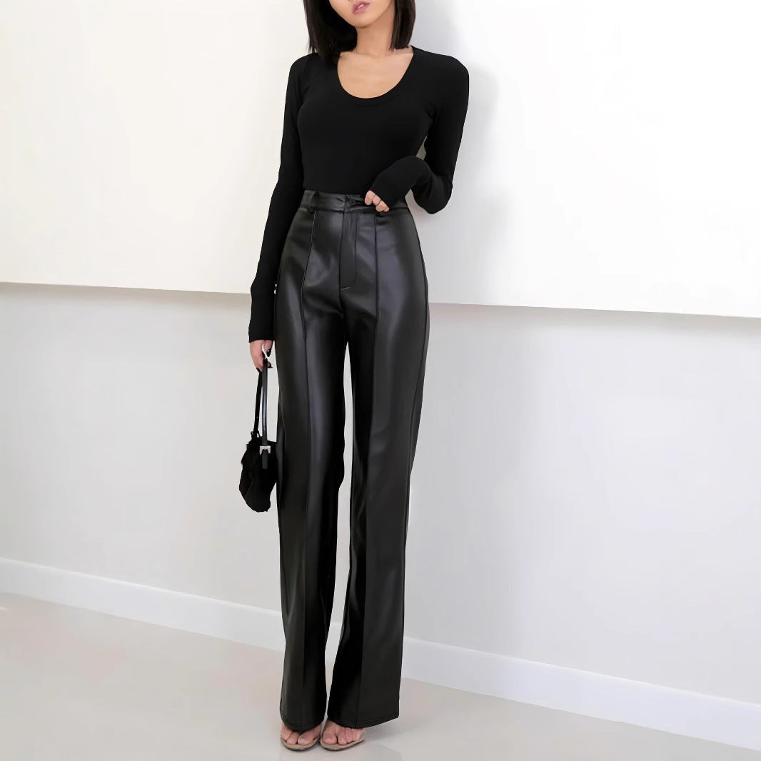 Damen Elegante High-Waist Kunstleder-Hose mit weitem Bein R&B