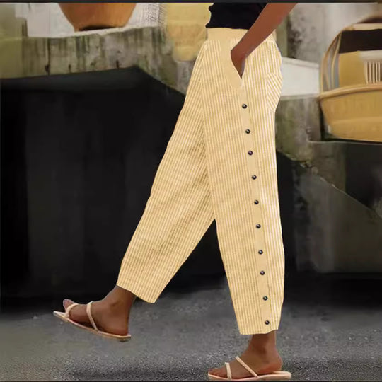 Damen Hochgeschnittene Freizeithose mit gerade geschnittenem Bein und praktischen Knöpfen R&B