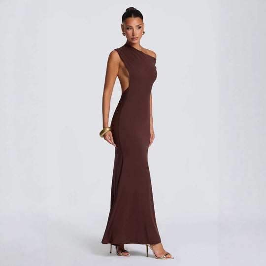 Damen Elegantes asymmetrisches Maxikleid mit schulterfreiem Design R&B