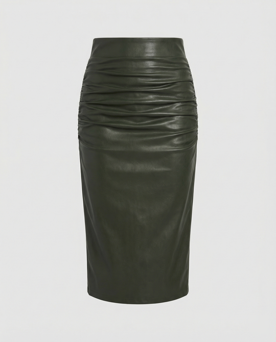 Damen Midi-Rock aus hochwertigem Leder mit Raffung R&B