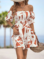 Damen Off-Shoulder Kleid mit elastischem Bund und grafischem Muster R&B