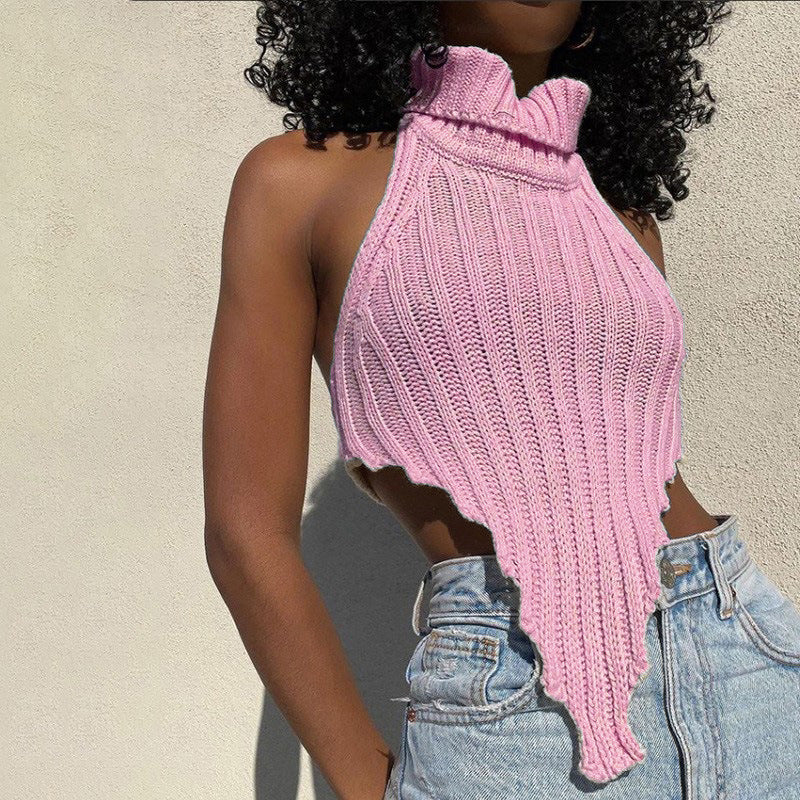 Damen cropped Stricktop mit hohem Kragen R&B