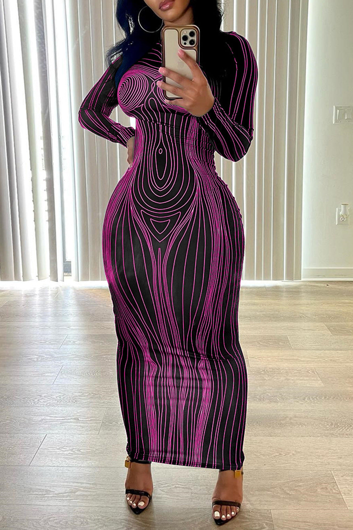 Damen Figurbetontes Langarmkleid mit einzigartiger Linienstruktur R&B