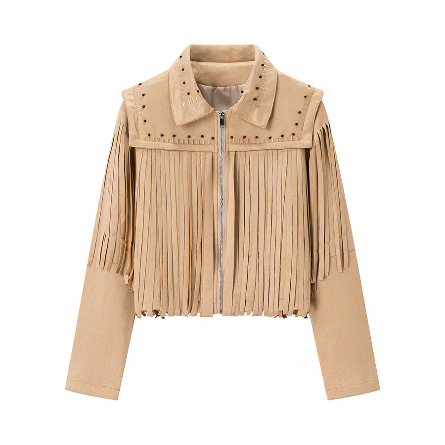 Damen Fransenjacke aus Wildlederimitat mit Zipper und stilvollen Applikationen R&B