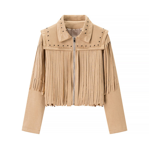Damen Fransenjacke aus Wildlederimitat mit Zipper und stilvollen Applikationen R&B