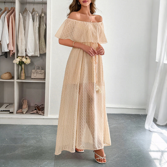 Damen Off-Shoulder Maxikleid mit feinem Punktedesign und Taillenbindung R&B
