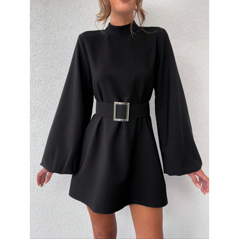 Damen elegante Minikleidung mit Gürtel und langen Ärmeln R&B