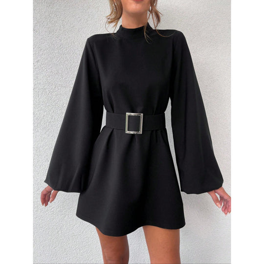 Damen elegante Minikleidung mit Gürtel und langen Ärmeln R&B