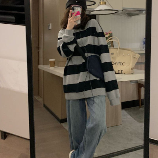 Damen lässiger Strickpullover mit breiten Streifen und gemütlichem Oversized-Schnitt