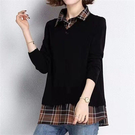 Damen Layered Strickpullover mit V-Ausschnitt und trendy Hemdbluse R&B
