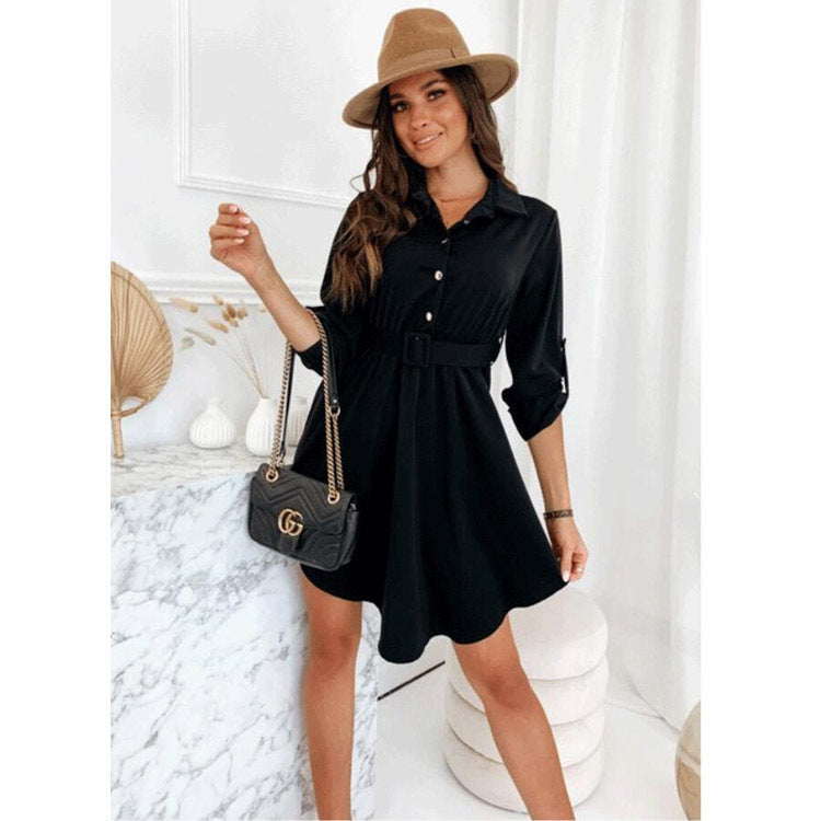 Damen Knielanges Hemdblusenkleid mit Taillengürtel und eleganten Details R&B