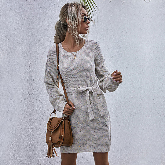 Damen Strickkleid mit lässigem Bindegürtel und langen Ärmeln R&B