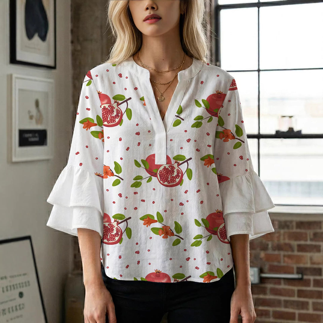 Damen Bluse mit voluminösen Rüschenärmeln und modernem Motiv R&B