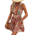 Damen Sommerkleid mit tiefem V-Ausschnitt und elastischem Taillendesign R&B