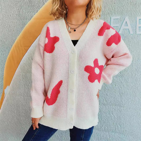 Damen gemütliche Strickjacke mit verspielten Motivakzenten R&B