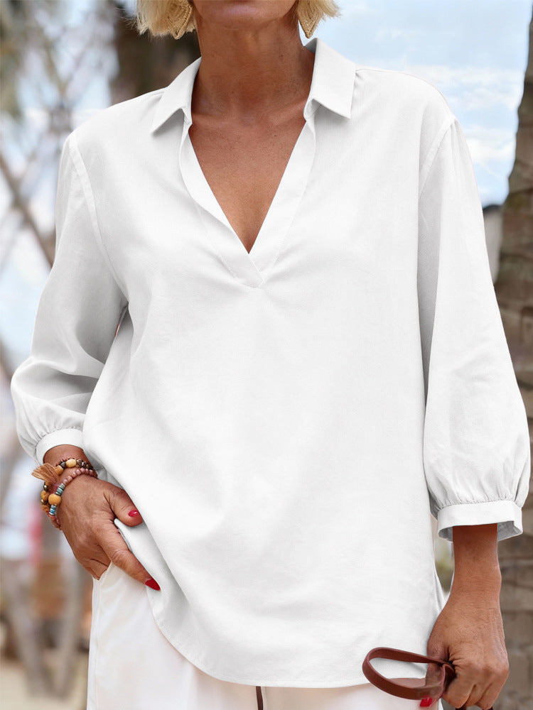 Damen Bluse mit lässigem V-Ausschnitt und elastischen Ärmeln R&B
