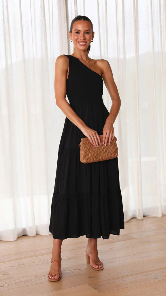 Damen Elegantes One-Shoulder-Maxikleid mit fließendem Rock R&B