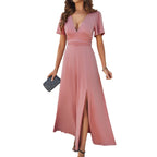 Damen Maxikleid mit tiefem V-Ausschnitt und seitlichem Schlitz R&B