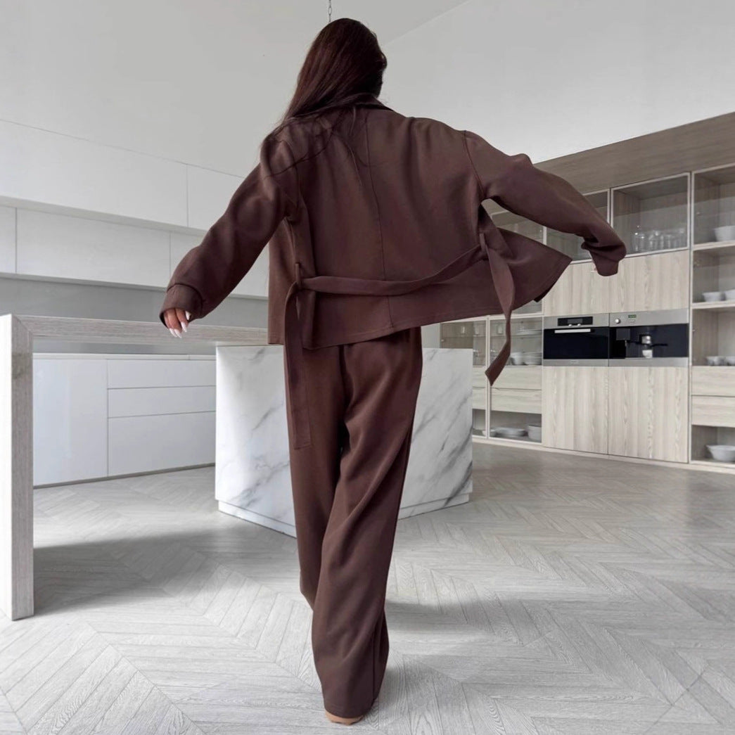 Damen elegantes Loungewear-Set mit Taillengürtel und praktischen Taschen R&B
