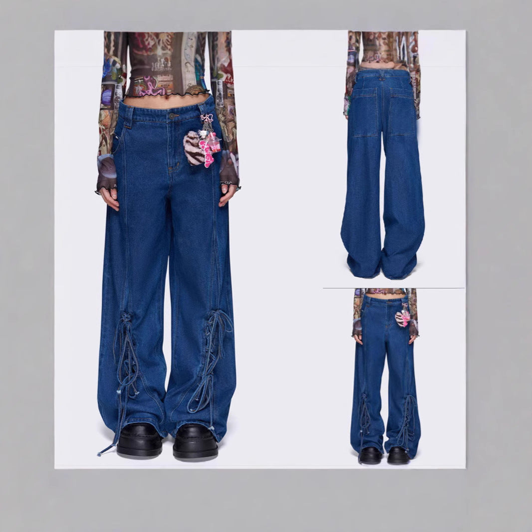 Damen Weit geschnittene Denim-Hose mit verstellbaren Kordeln R&B