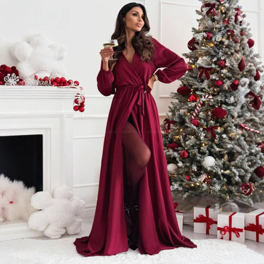 Damen elegantes Maxikleid mit schlanker Silhouette und tailliertem Gürtel R&B