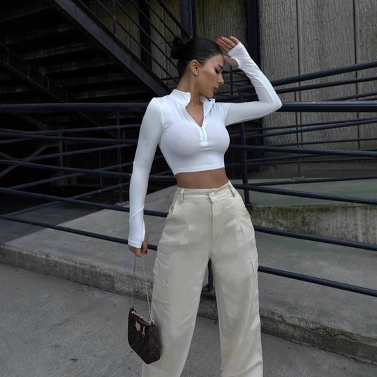Damen Sportliches Crop-Top mit Reißverschluss und langen Ärmeln R&B