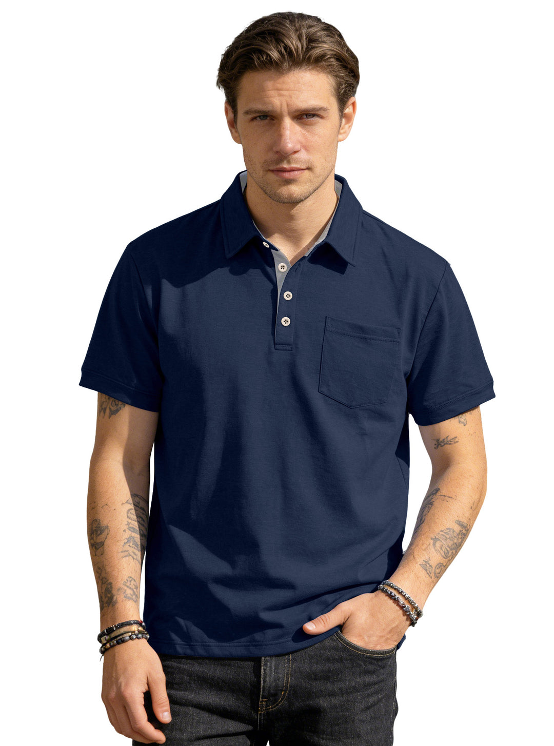 Herren nan Kurzarm-Polokragen-Shirt aus texturiertem Jersey mit Brusttasche und kontrastierter Knopfleiste R&B