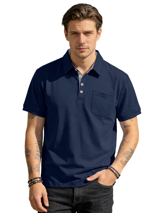 Herren nan Kurzarm-Polokragen-Shirt aus texturiertem Jersey mit Brusttasche und kontrastierter Knopfleiste R&B