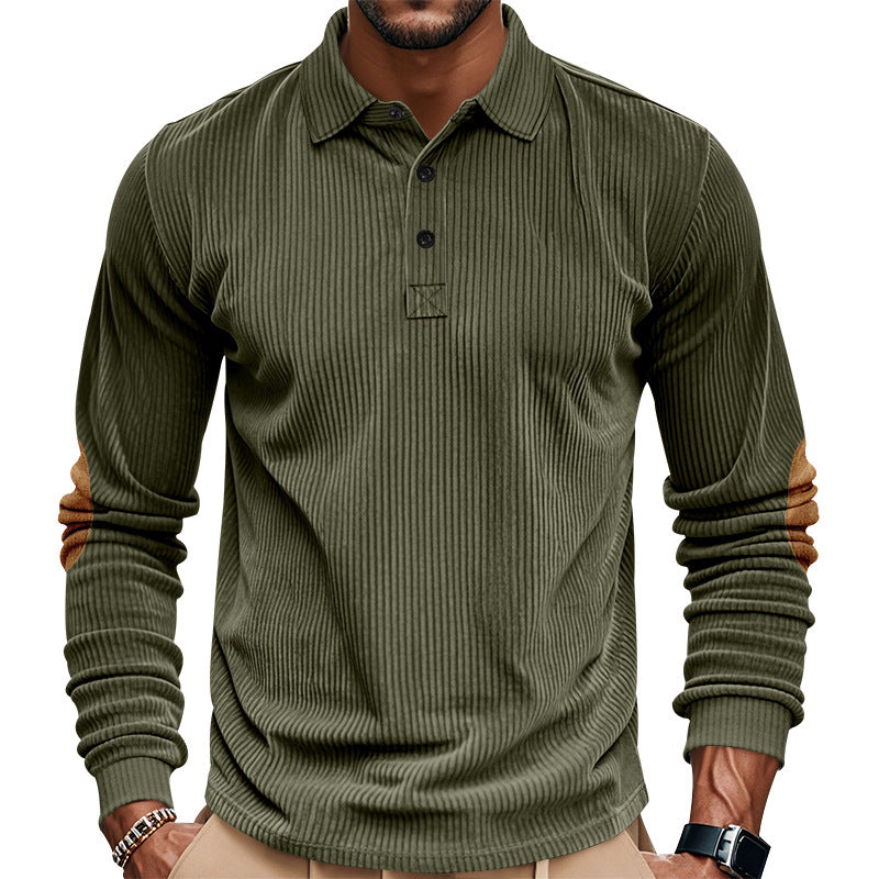 Herren nan schwerer gerippter Baumwoll-Polo-Pullover mit Kentkragen dreifach-Knopfleiste und Wildleder-Ellenbogenpatches R&B