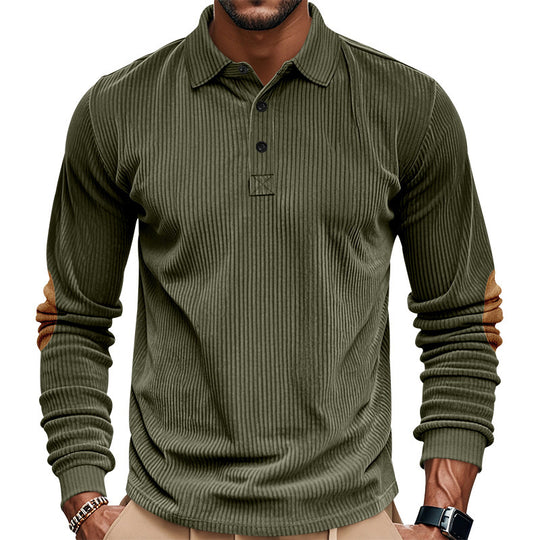 Herren nan schwerer gerippter Baumwoll-Polo-Pullover mit Kentkragen dreifach-Knopfleiste und Wildleder-Ellenbogenpatches R&B