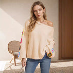 Damen gestreifter Strickpullover mit bunten Blumenapplikationen R&B