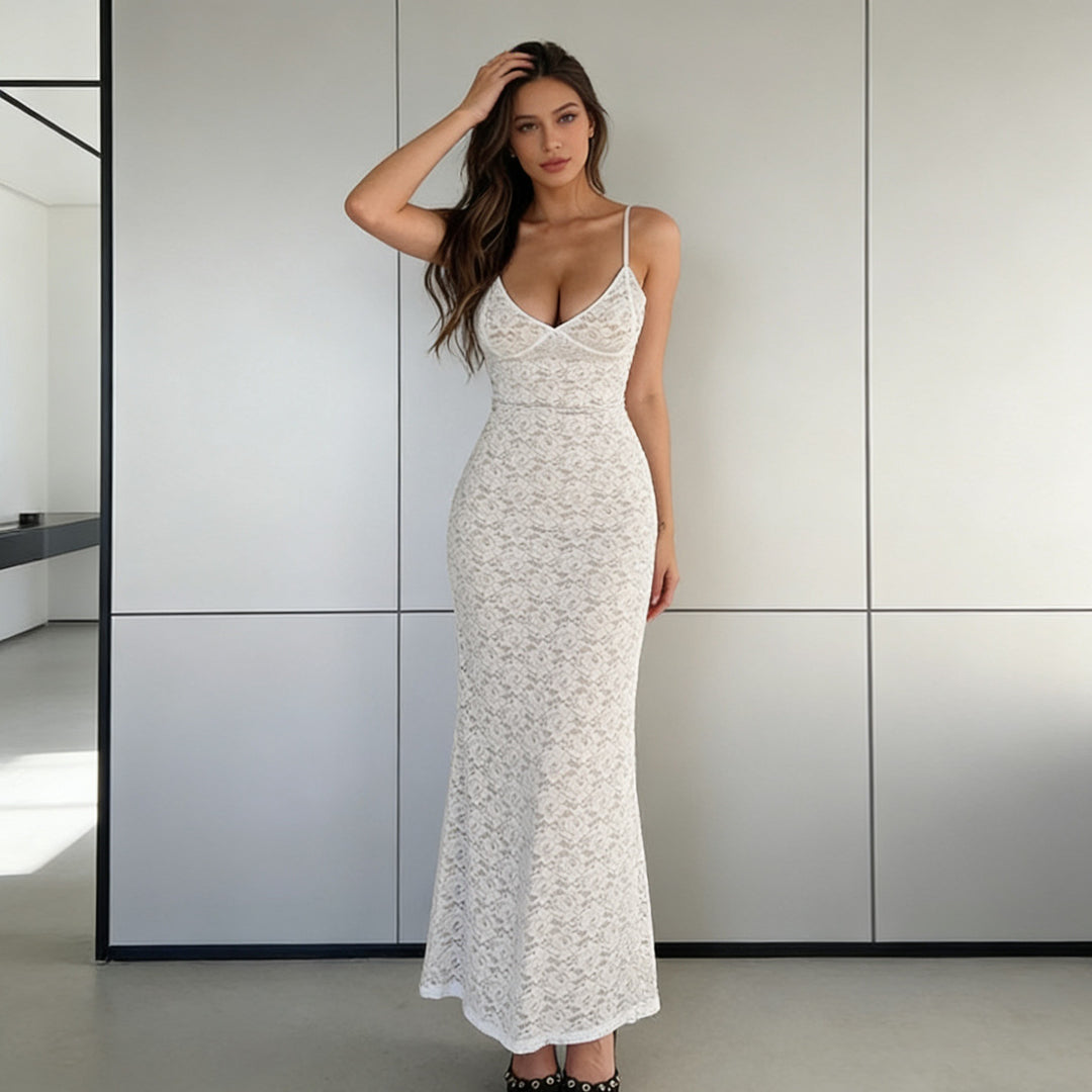 Damen Figurbetontes Spitzen-Maxikleid mit schmalen Spaghetti-Trägern R&B