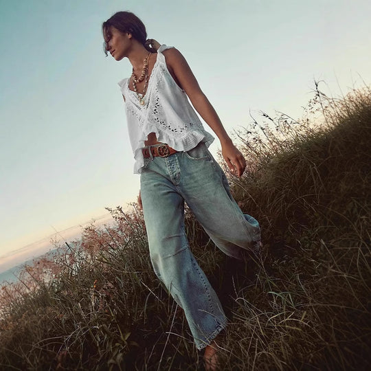 Damen luftiger Leinen-Crop-Top mit Rüschen R&B