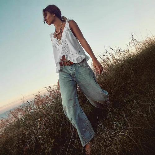 Damen luftiger Leinen-Crop-Top mit Rüschen R&B