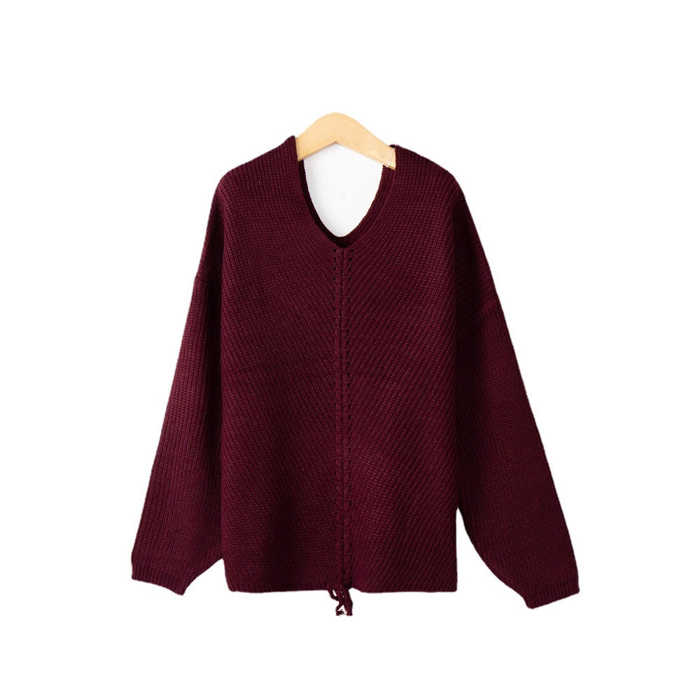 Damen Grobstrick Pullover mit attraktivem V-Ausschnitt und praktischen Kordeldetails